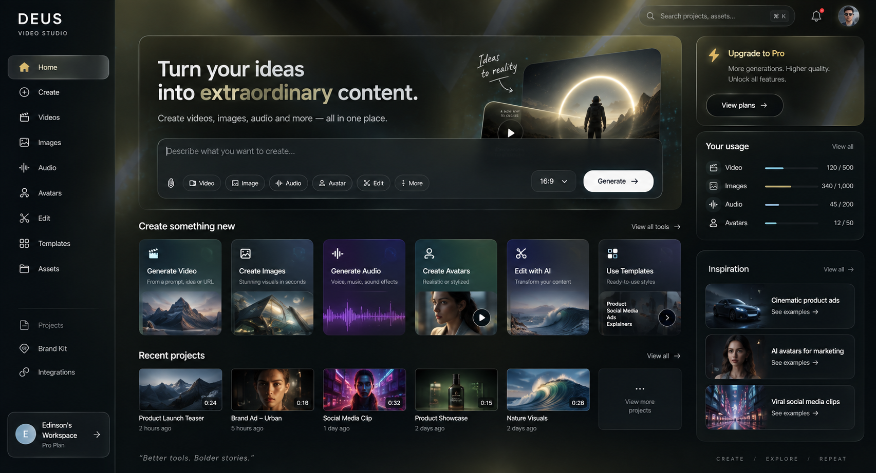 DEUS creative workspace with video, image, audio, avatar, and editing tools